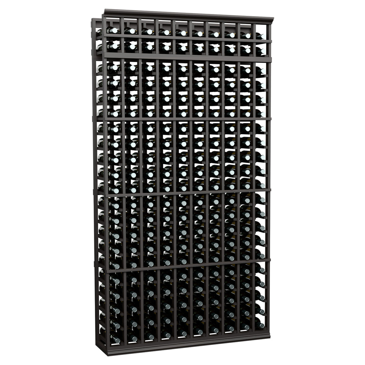 10-column wine bottle rack, 7 ft, dark frame with grid shelves and bottle-filled slots