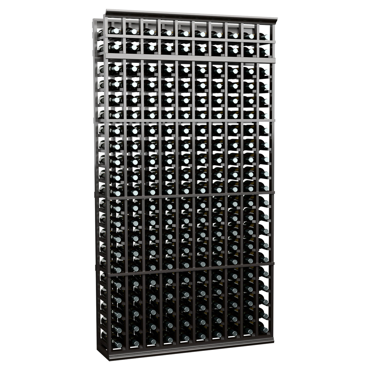 10-column wine bottle rack, 7 ft, dark frame with grid shelves and bottle storage cells
