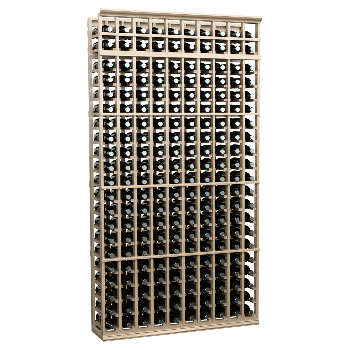 Wine bottle storage rack with pale wood grid and many bottle rows, 10 columns