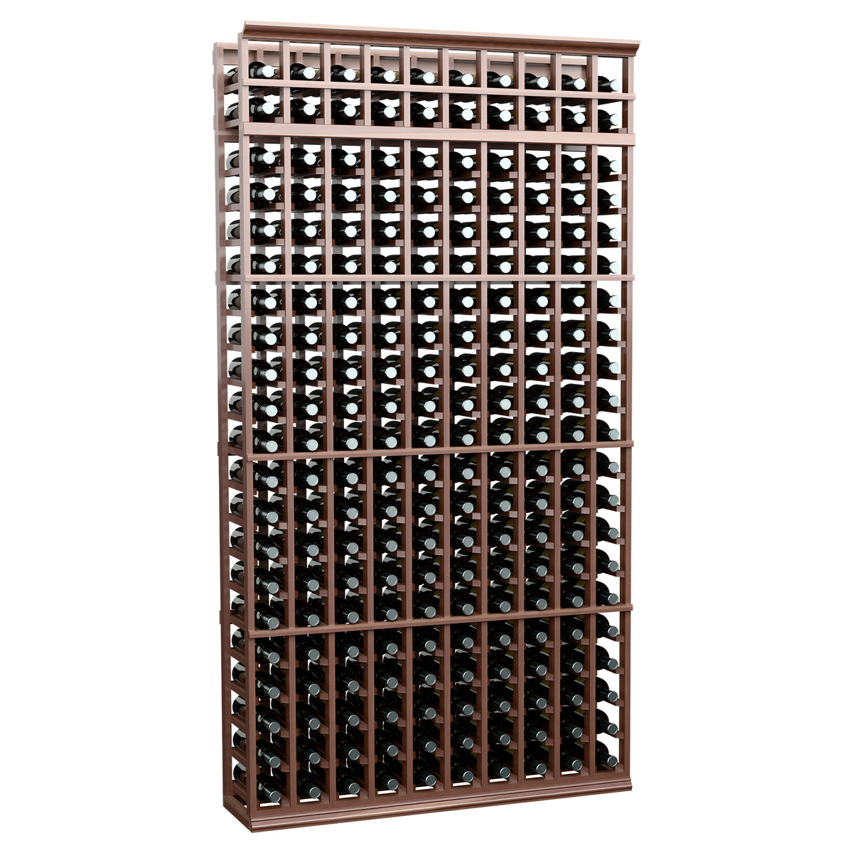 Wine bottle storage rack with chocolate-brown wood grid and many bottle rows, 10 columns