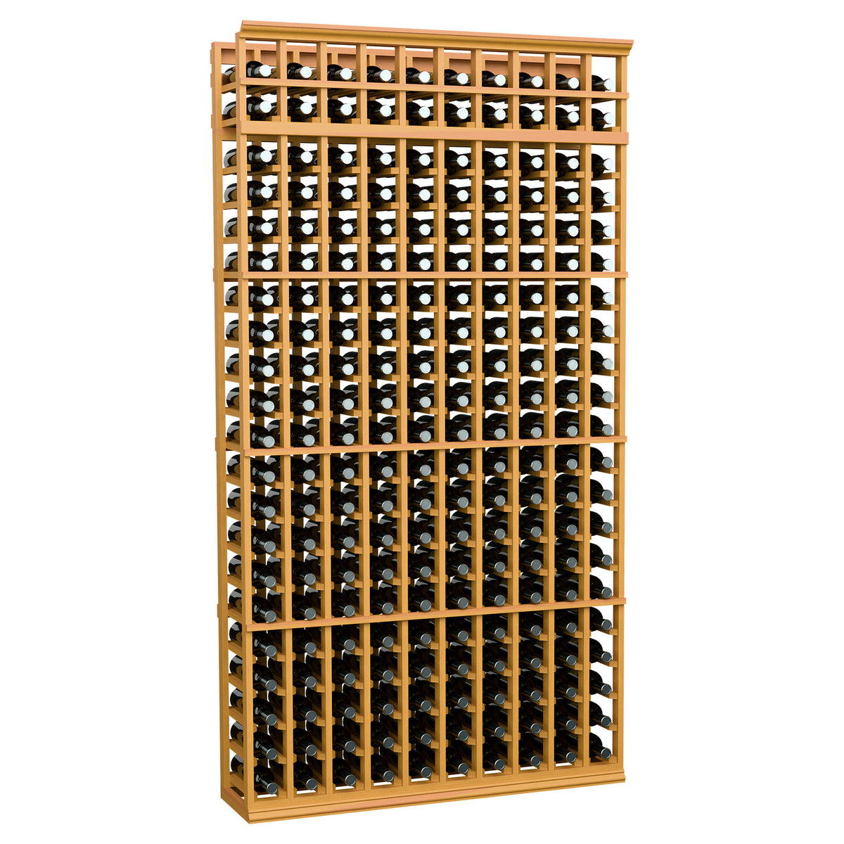 Wine bottle storage rack with golden wood grid and many bottle rows, 10 columns