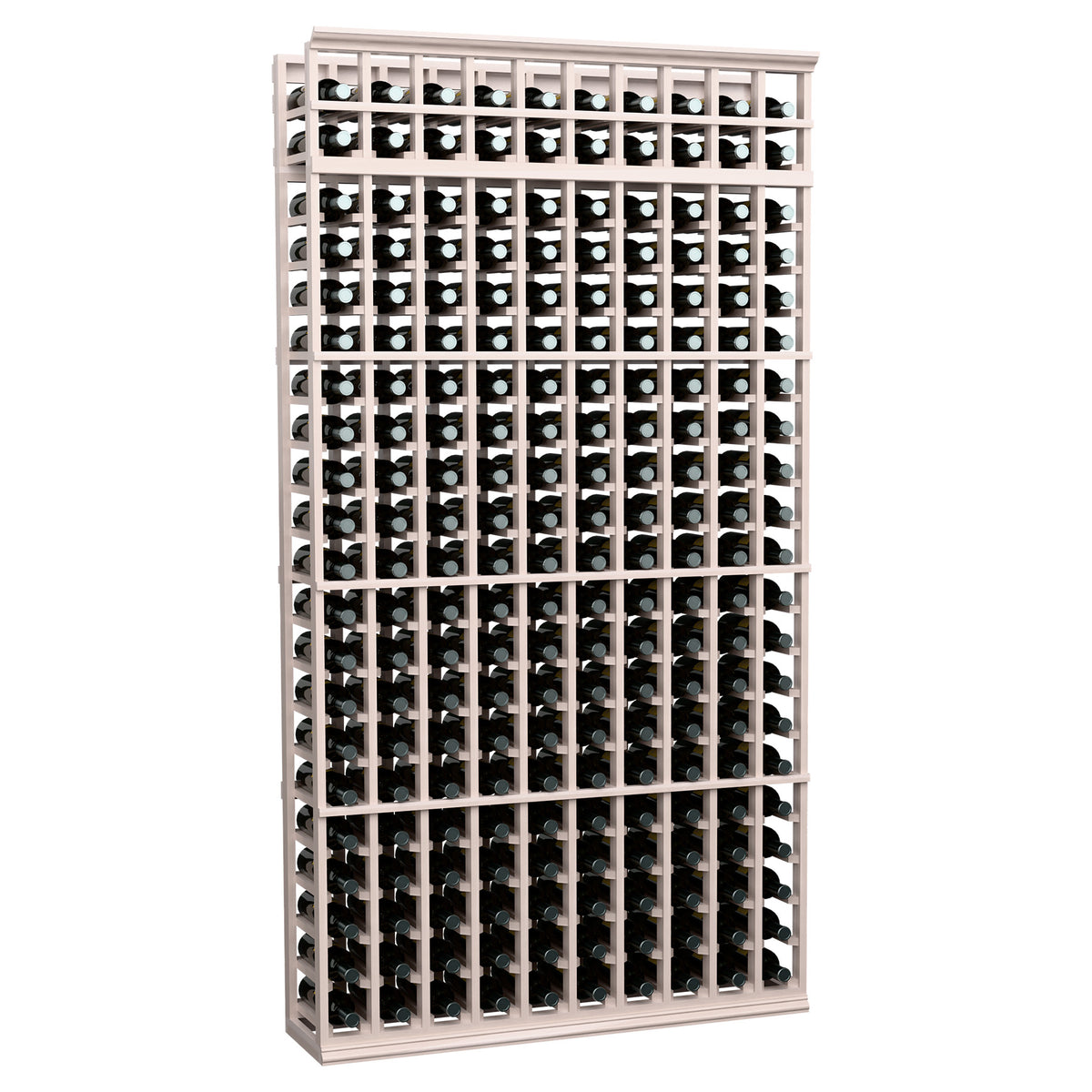 Wine bottle storage rack with pale gray wood grid and many bottle rows, 10 columns