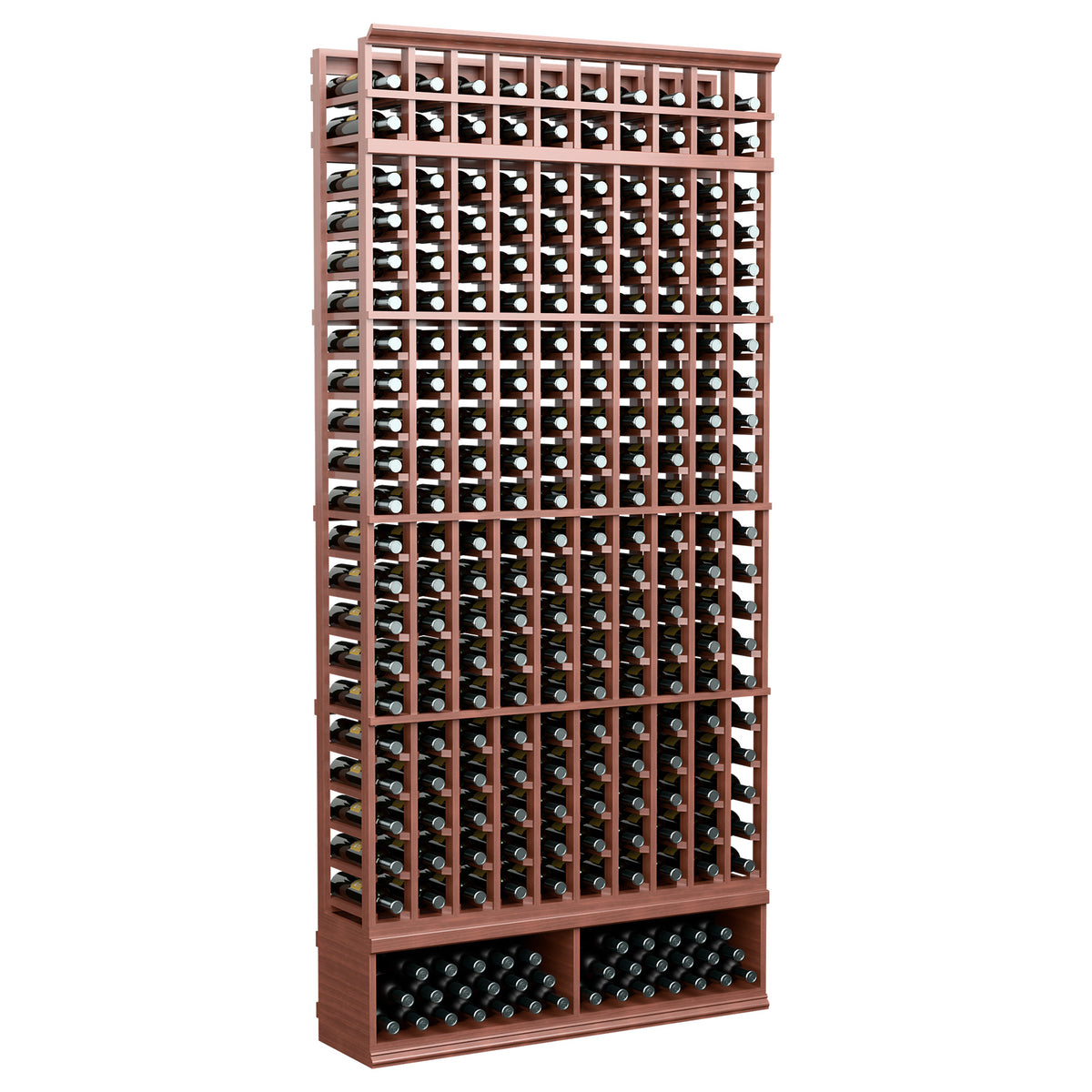 10-column wine bottle rack, warm wood finish with bottle slots