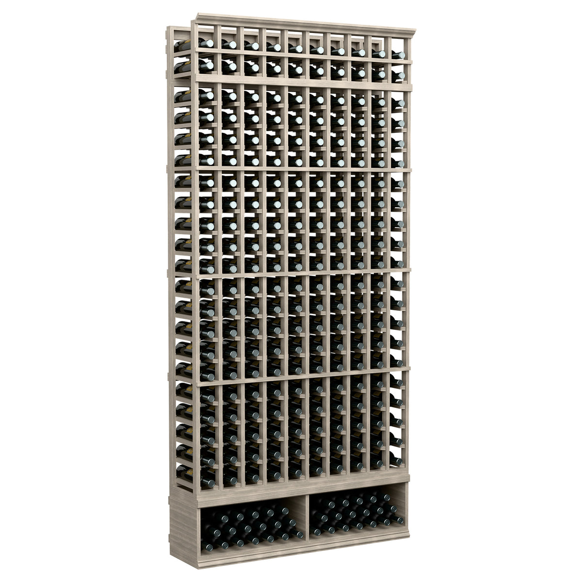 10-column wine bottle rack with light gray frame and black peg inserts