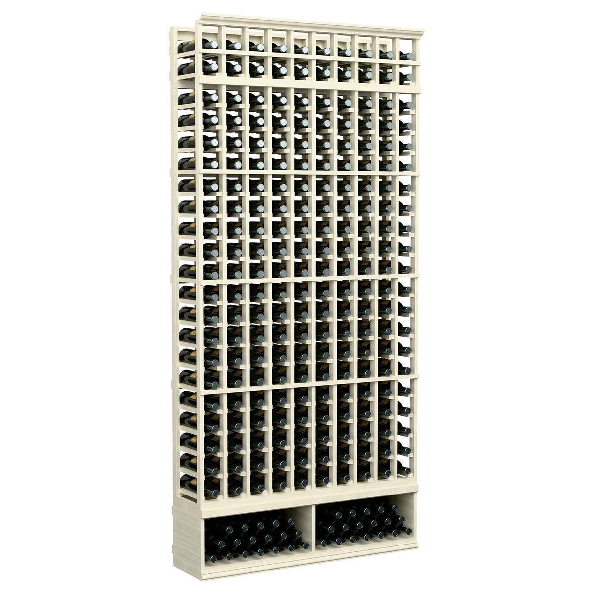 10-column wine bottle rack with white wood frame and black peg inserts