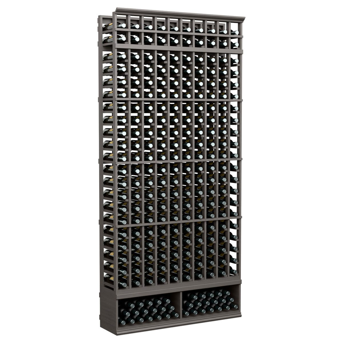 Wine bottle display rack, 10-column, dark gray frame with bottle slots