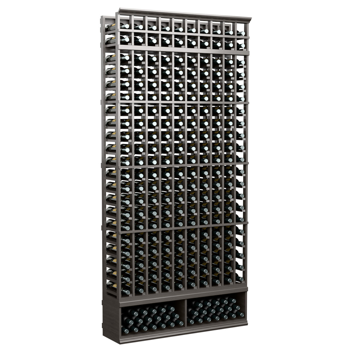 Wine bottle display rack, 10-column, dark gray frame with bottle slots