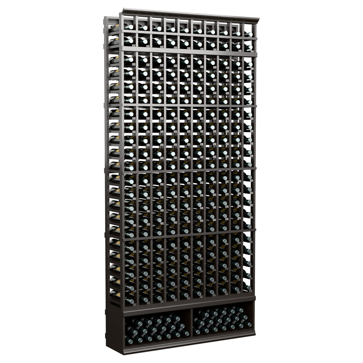 Wine bottle display rack, 10-column, dark gray frame with bottle slots