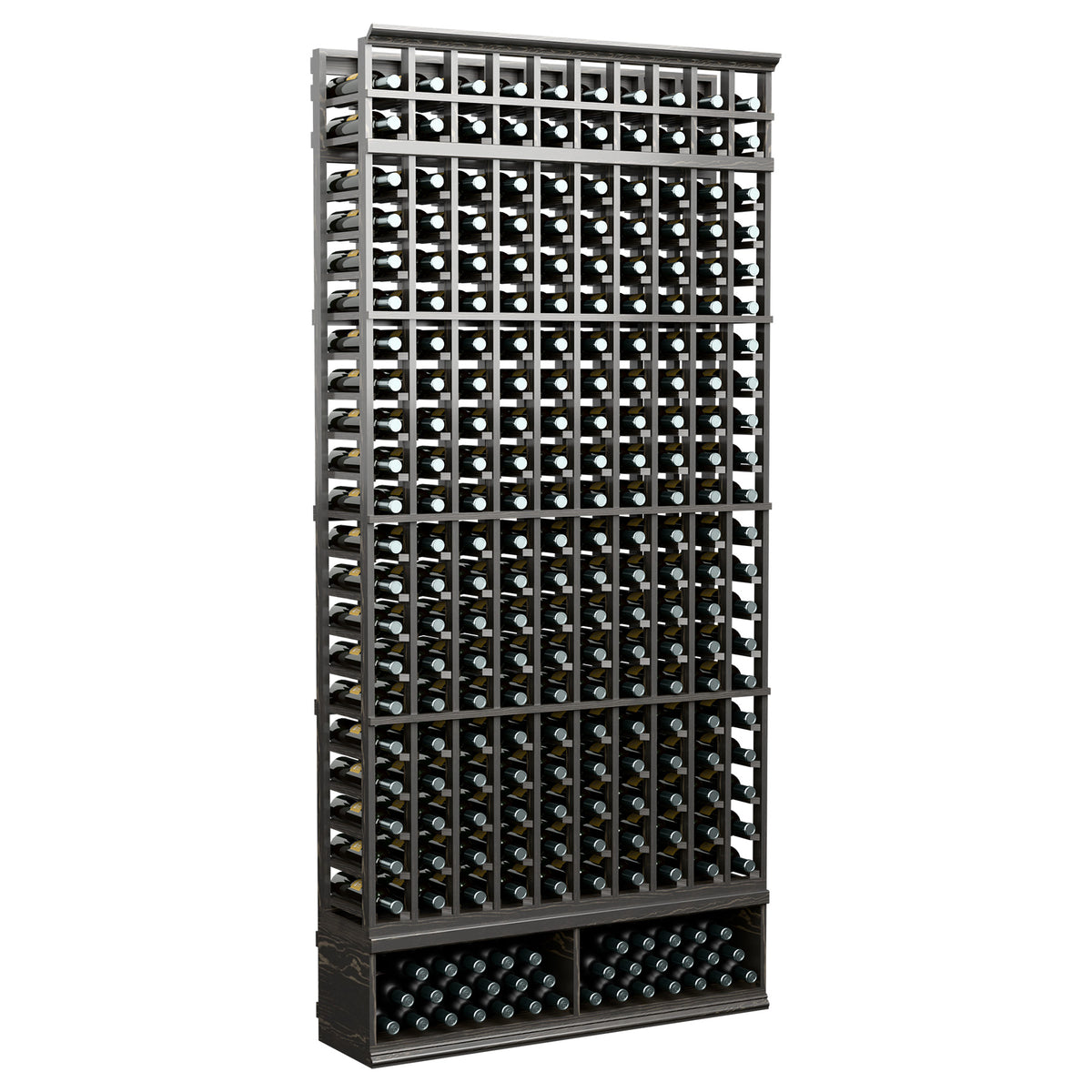 10-column wine bottle rack, 8 ft tall, dark frame with bottle grid rows
