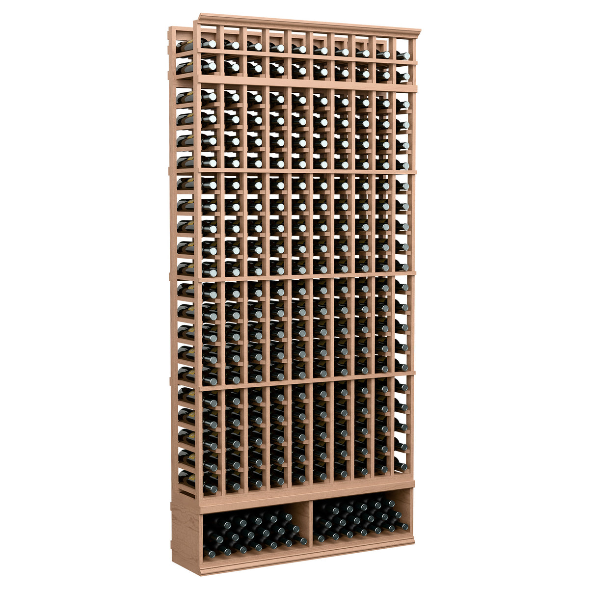 10-column wine bottle rack, 8 ft tall, light wood frame with bottle grid rows