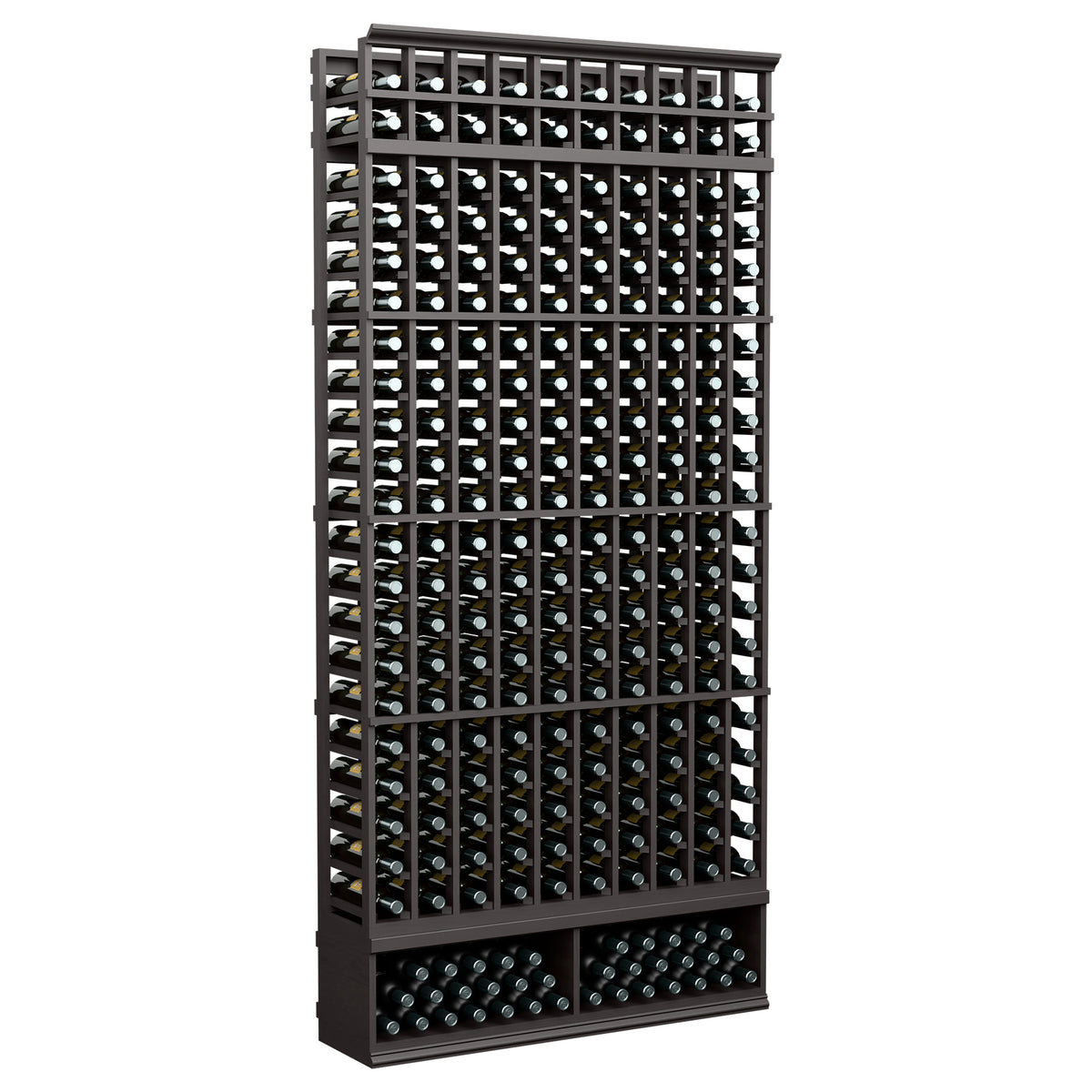 10-column wine bottle rack, 8 ft tall, black metal grid with bottle openings