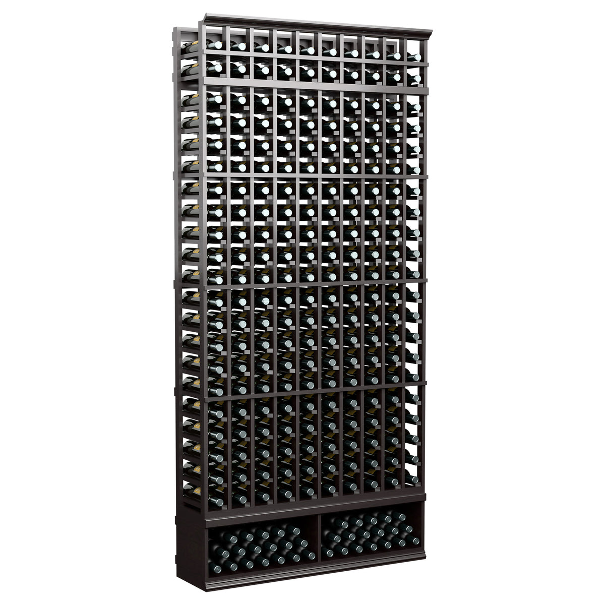 10-column wine bottle rack, 8 ft tall, dark frame with front bottle grid storage