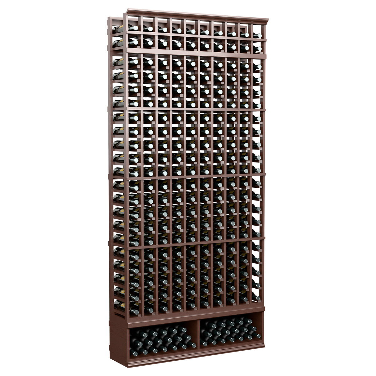 8-ft 10-column wine bottle rack, dark wood frame with front bottle storage rows