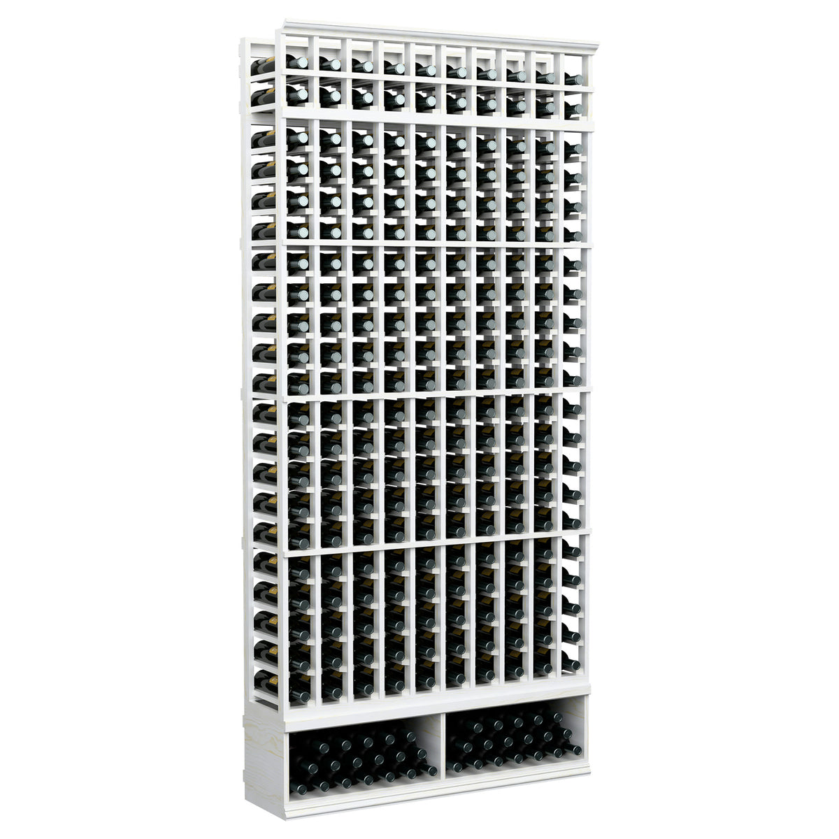 8-ft 10-column wine bottle rack, white frame with front bottle openings and base tray