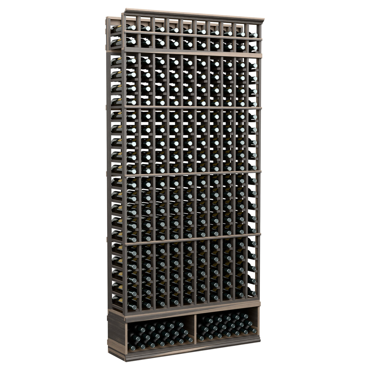 10-column bottle storage rack, dark metal frame with front bottle slots, 8-ft tall