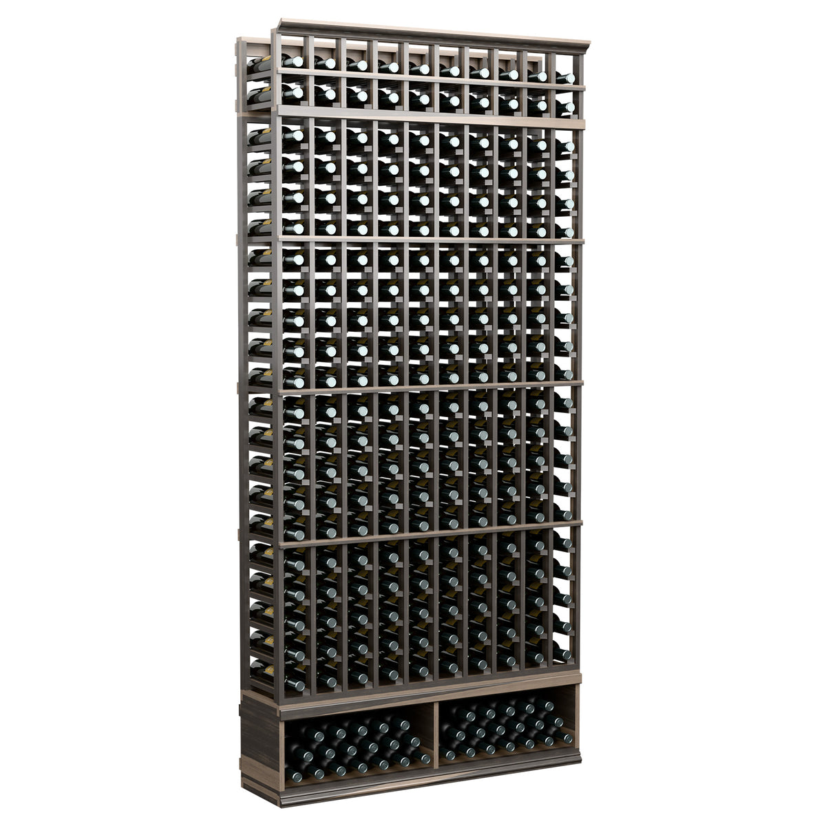 10-column bottle storage rack, dark metal frame with front bottle slots, 8-ft tall