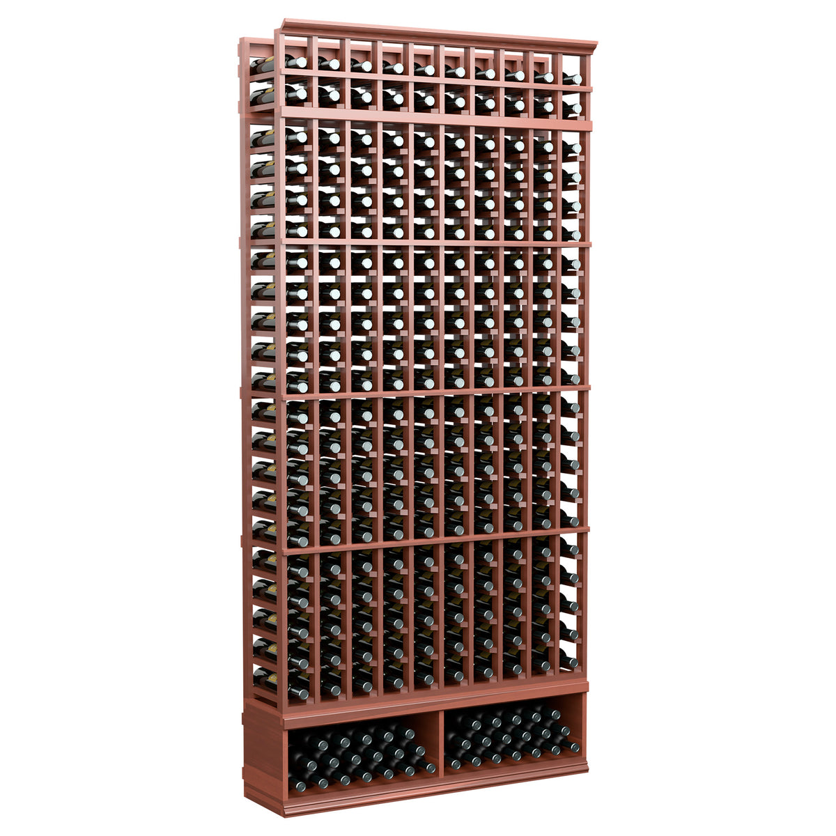 10-column bottle storage rack, reddish wood frame with front bottle slots, 8-ft tall