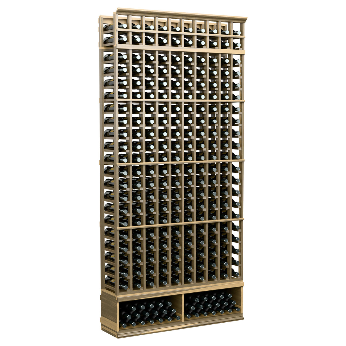 10-column bottle storage rack, warm light wood frame with front bottle slots, 8-ft tall