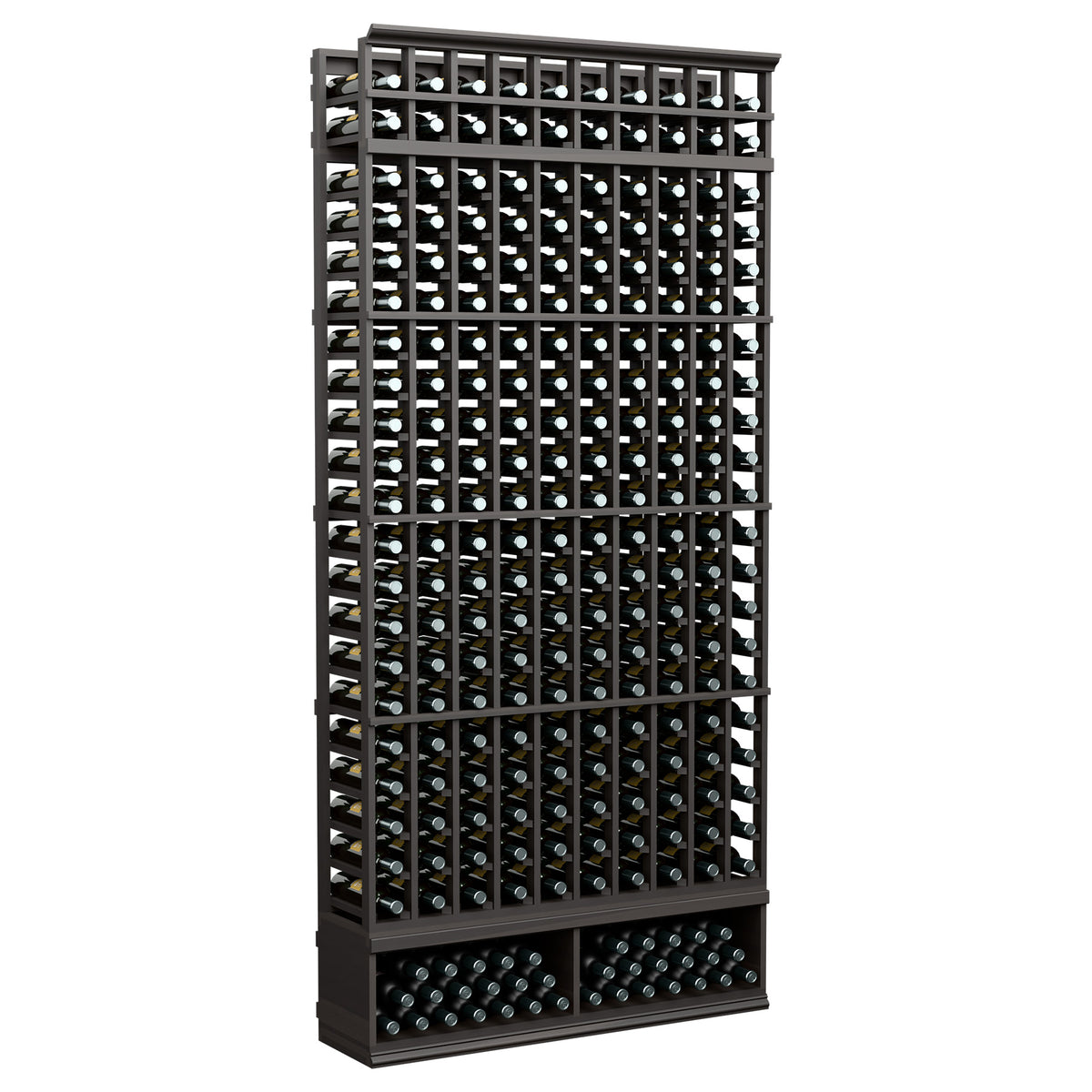 10-column bottle storage rack, dark metal frame with front bottle slots, 8-ft tall