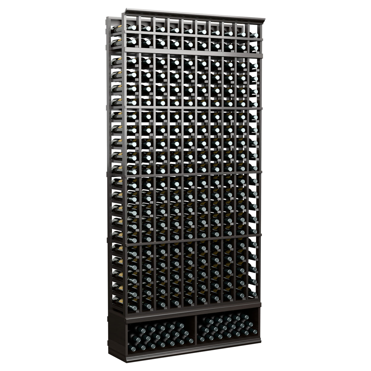 10-column bottle storage rack, dark metal frame with front bottle slots, 8-ft tall