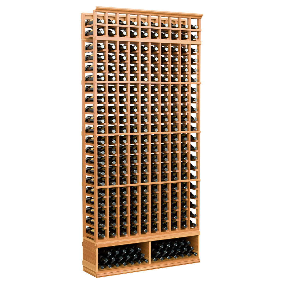 10-column wine bottle rack with open grid, warm orange-brown wood tone, 8 ft tall
