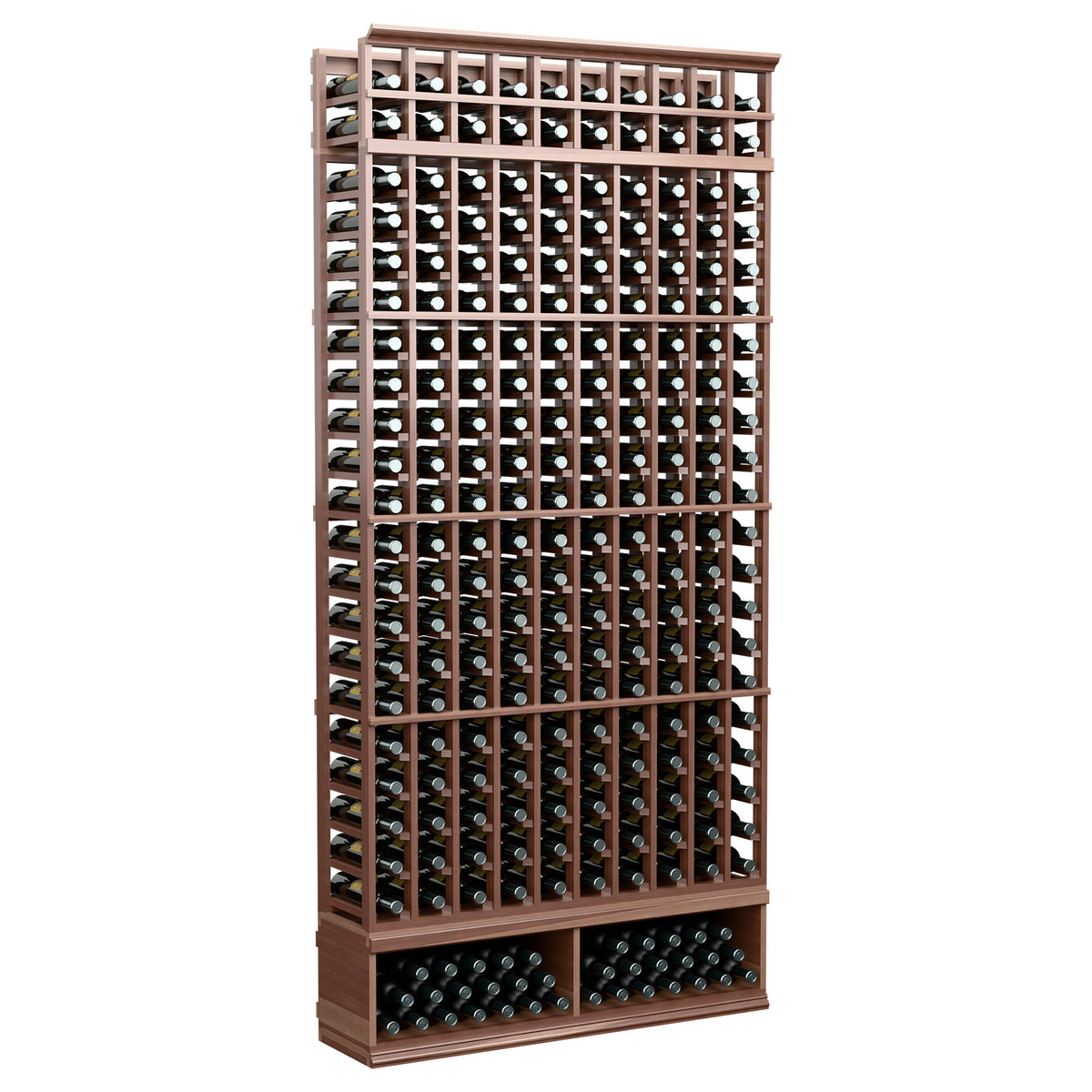 10-column wine bottle rack with open grid, deep dark wood tone, 8 ft tall