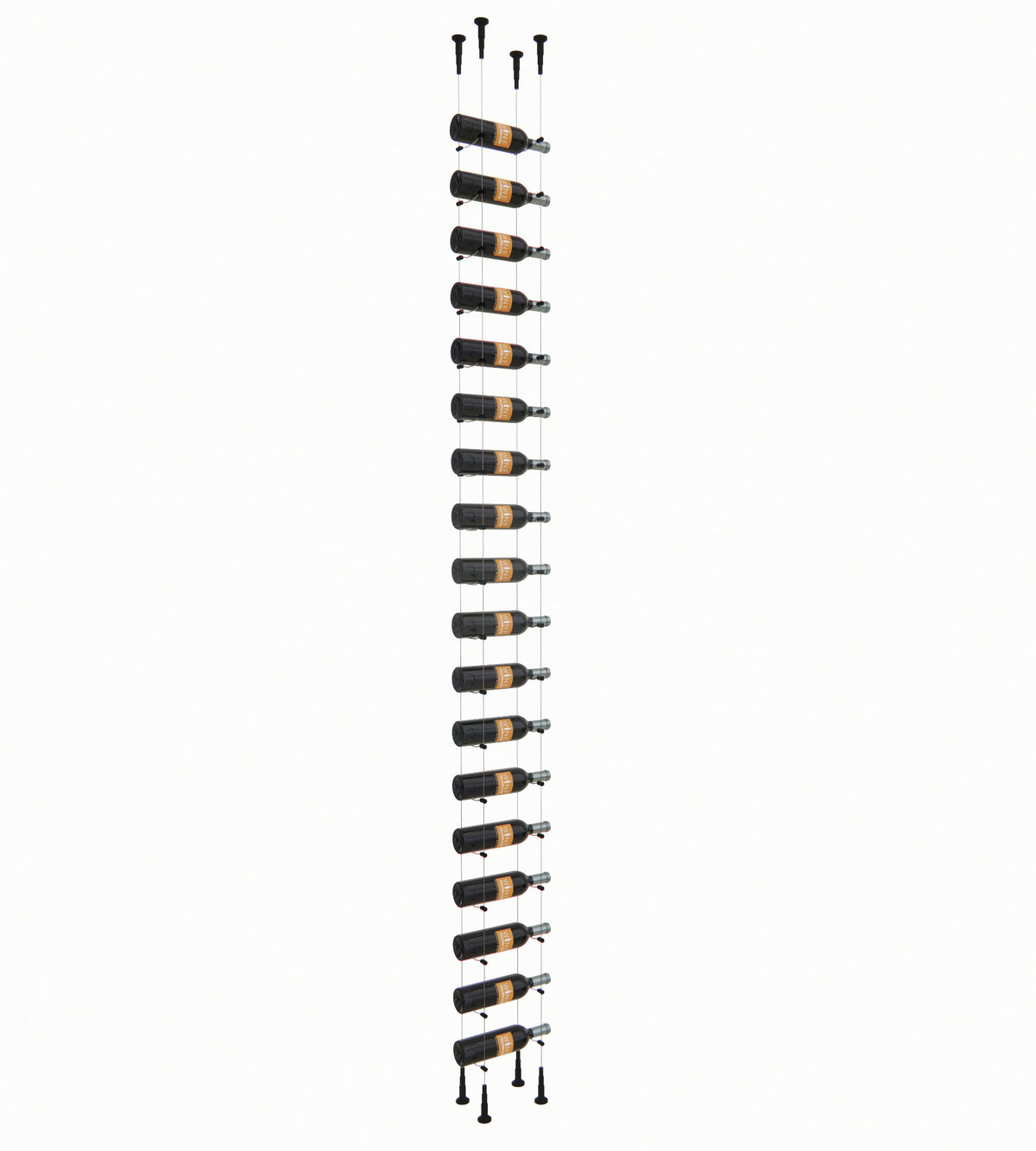 18-bottle float wine rack with black bottle cradles and dark metal support posts