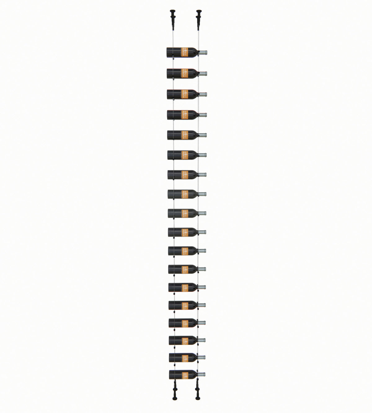 18-bottle wine rack with black bottle holders and vertical top support posts