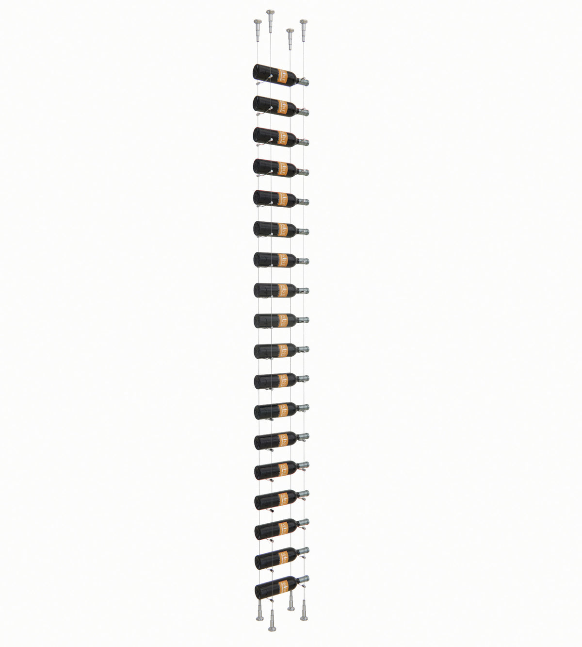 18-bottle float wine rack with black bottle cradles and silver posts