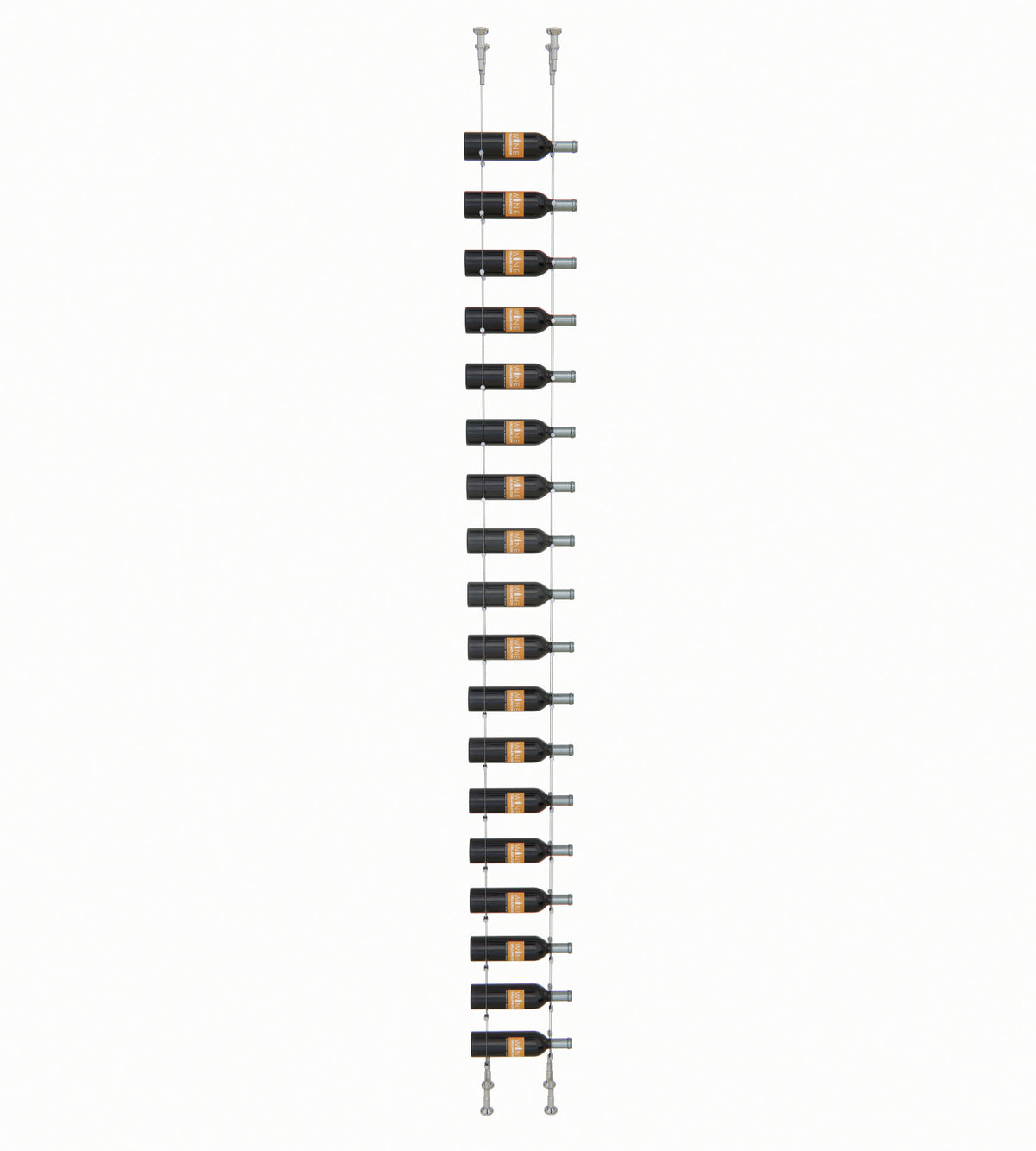 18-bottle float wine rack with black bottle cradles and silver hardware frame
