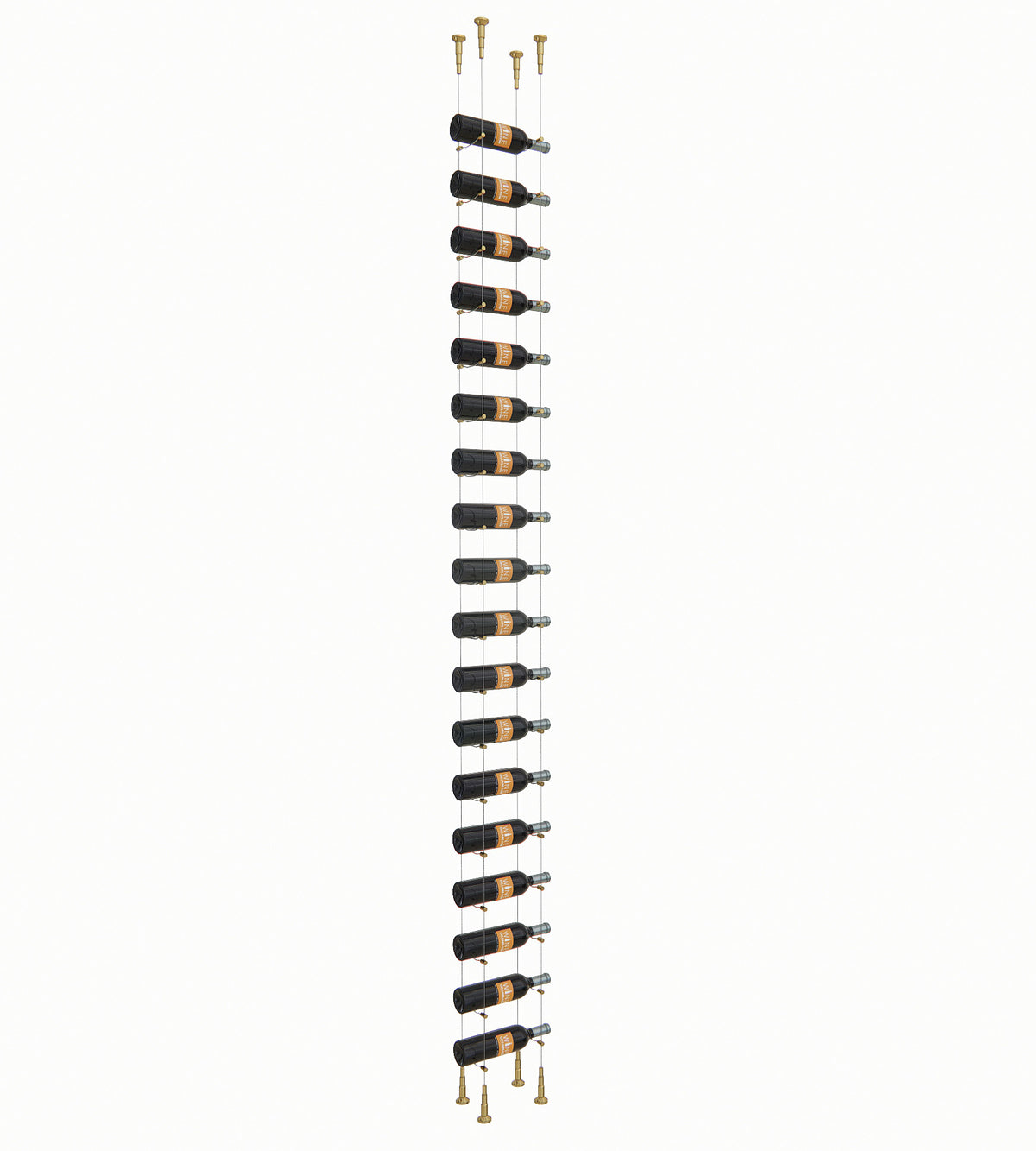 18-bottle float wine rack with black bottle cradles and gold-tone posts