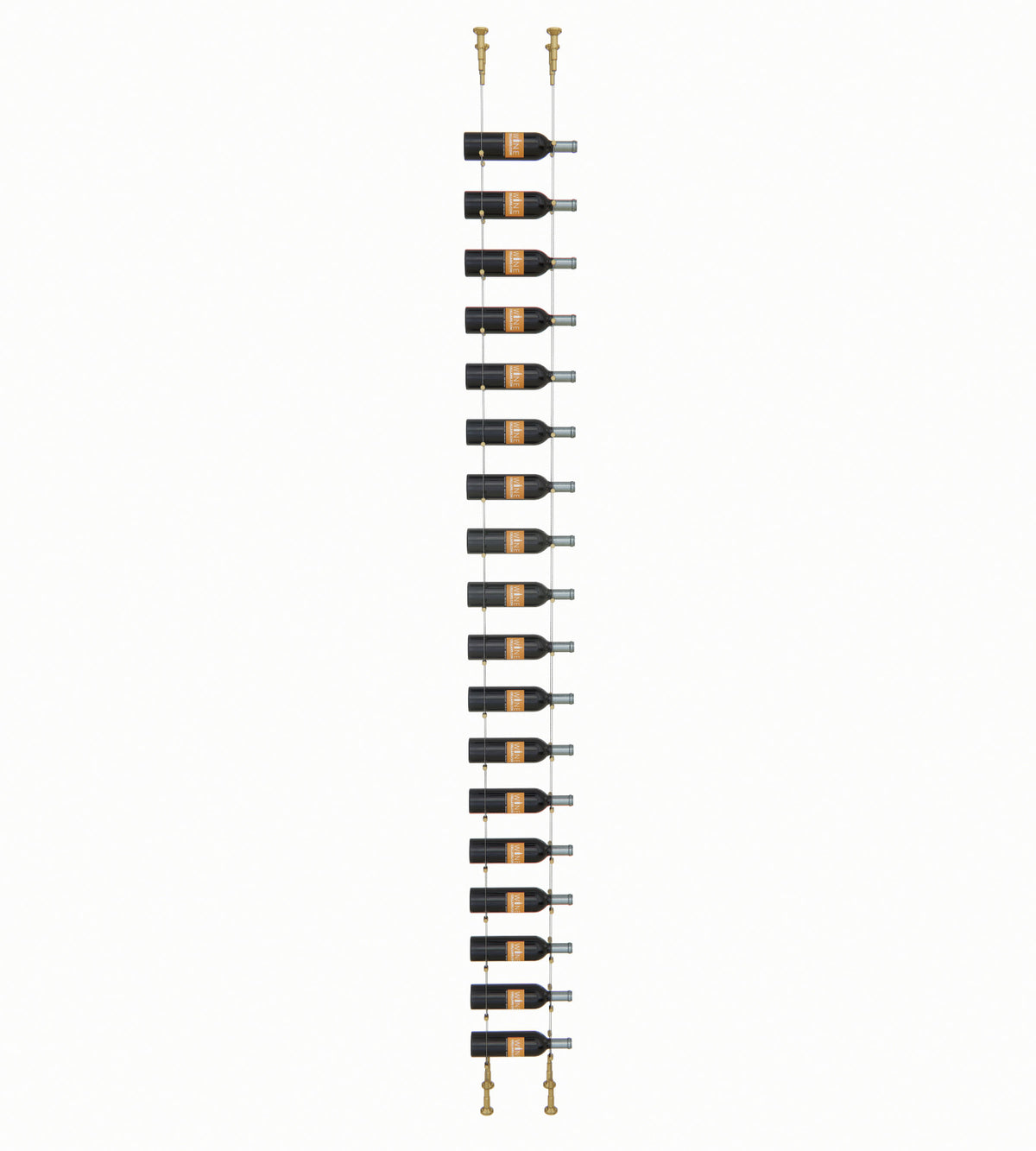 18-bottle float wine rack with black bottle cradles and gold-tone bottom posts