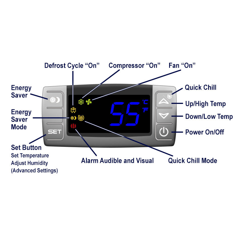 Wine cooling unit control panel with blue temperature display and buttons
