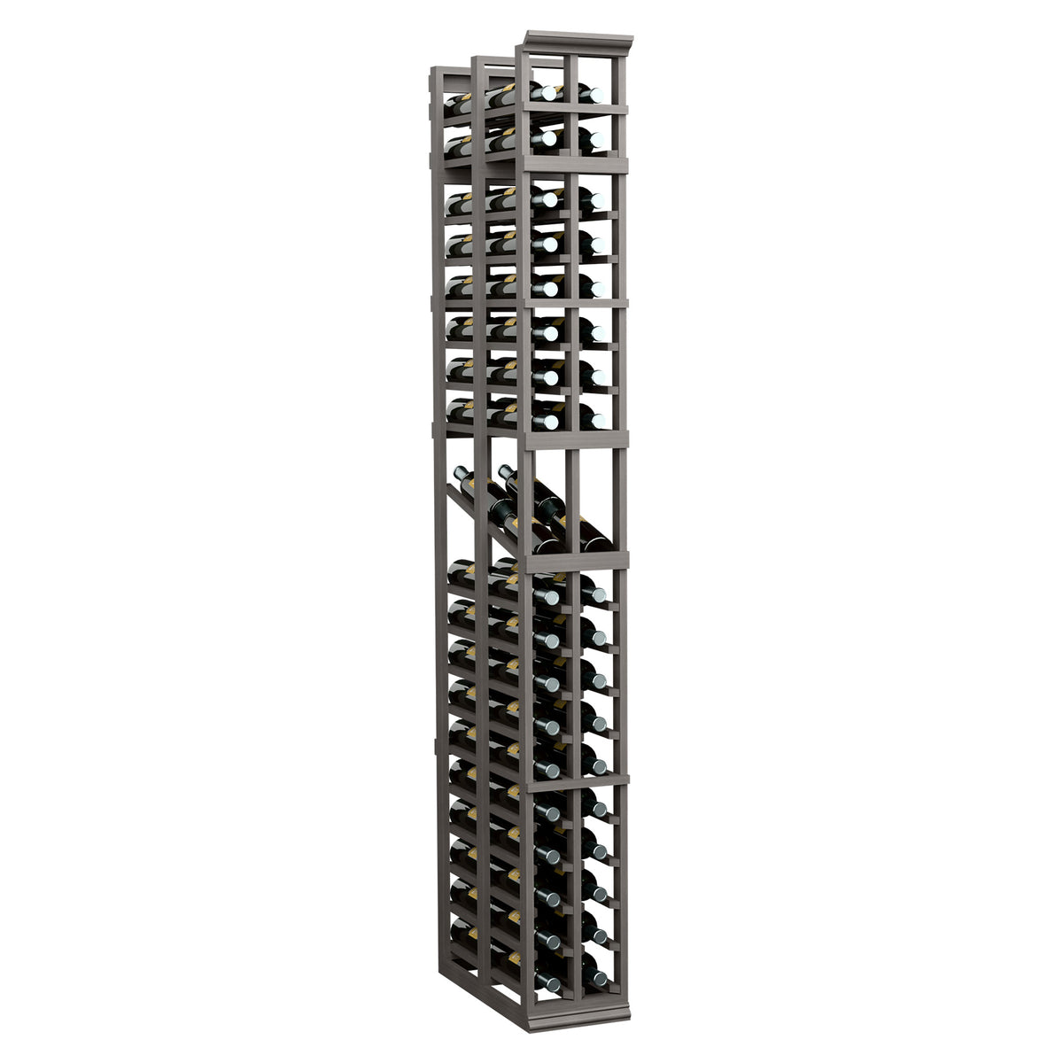 Tall 2-column wine bottle display rack in dark grey with open grid shelves