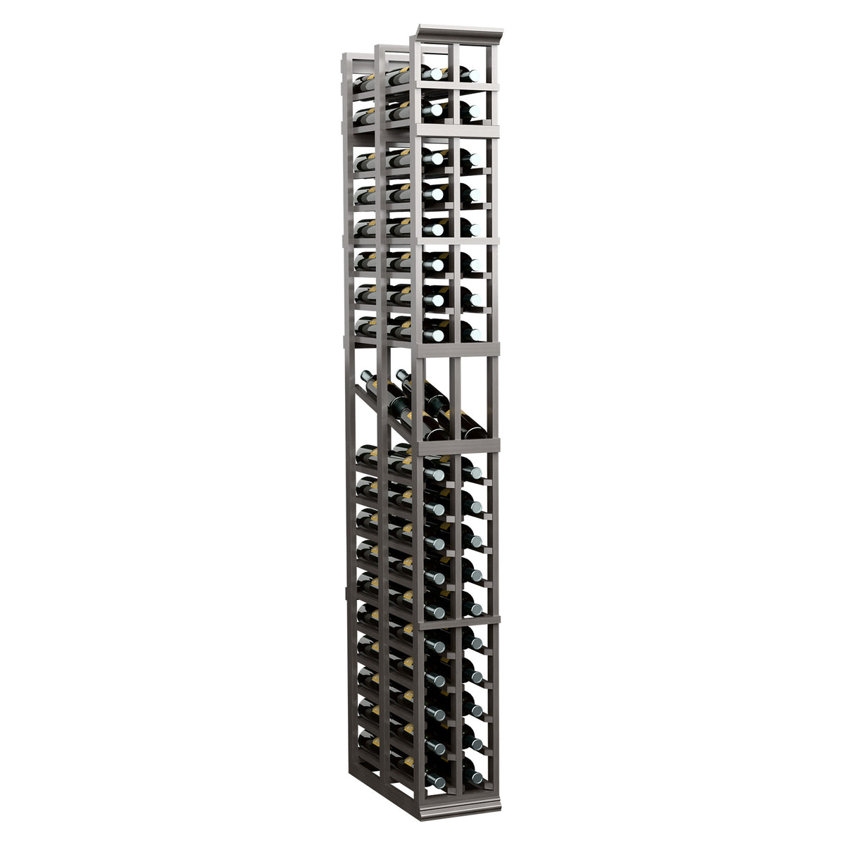 Tall 2-column wine bottle display rack, dark grey slats, open grid shelves—angled view