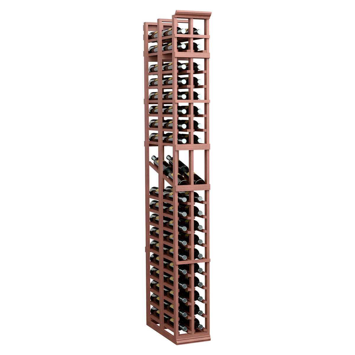 Tall 2-column wine bottle display rack in reddish wood with open grid shelves