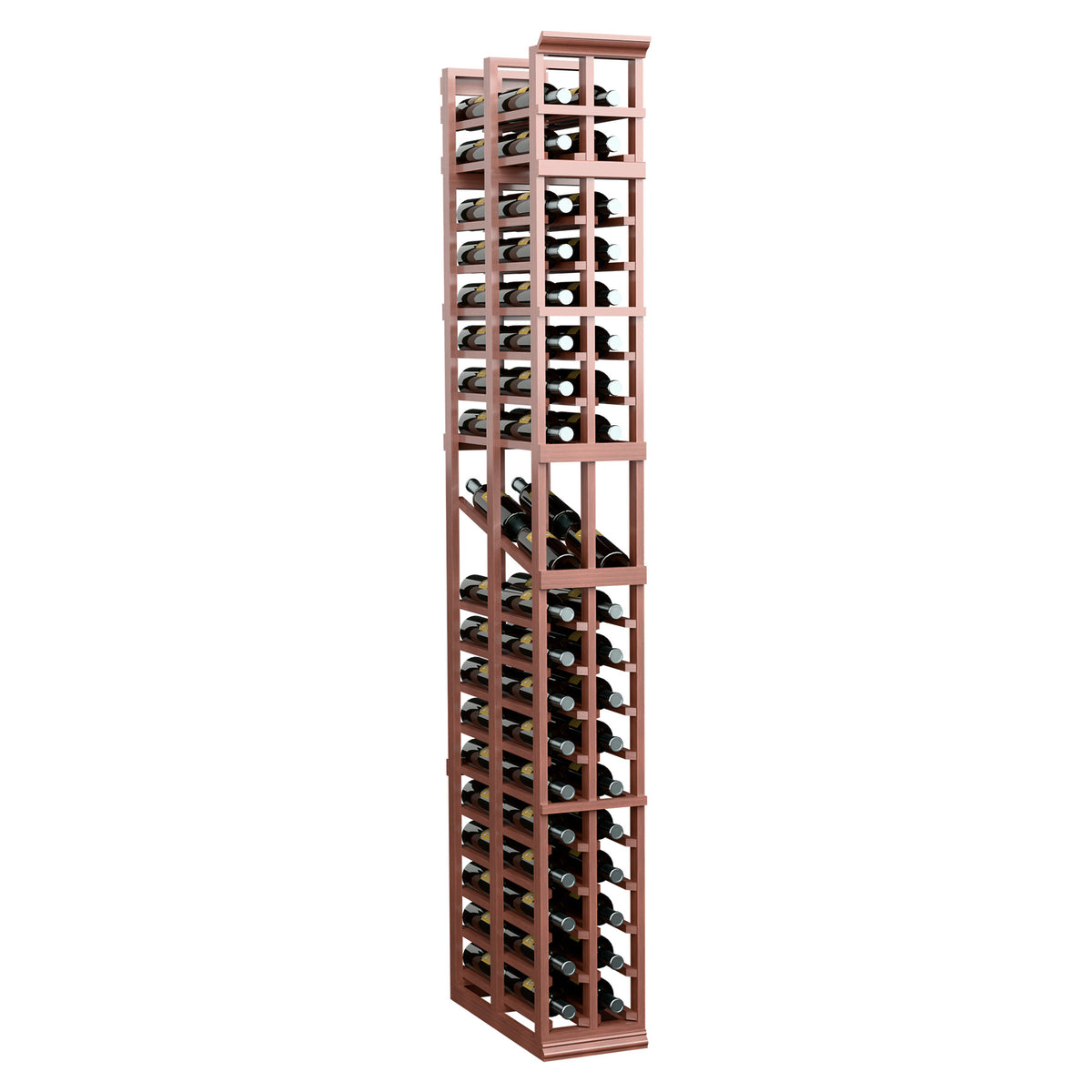 Tall 2-column wine bottle display rack in reddish wood with open grid shelves—front view