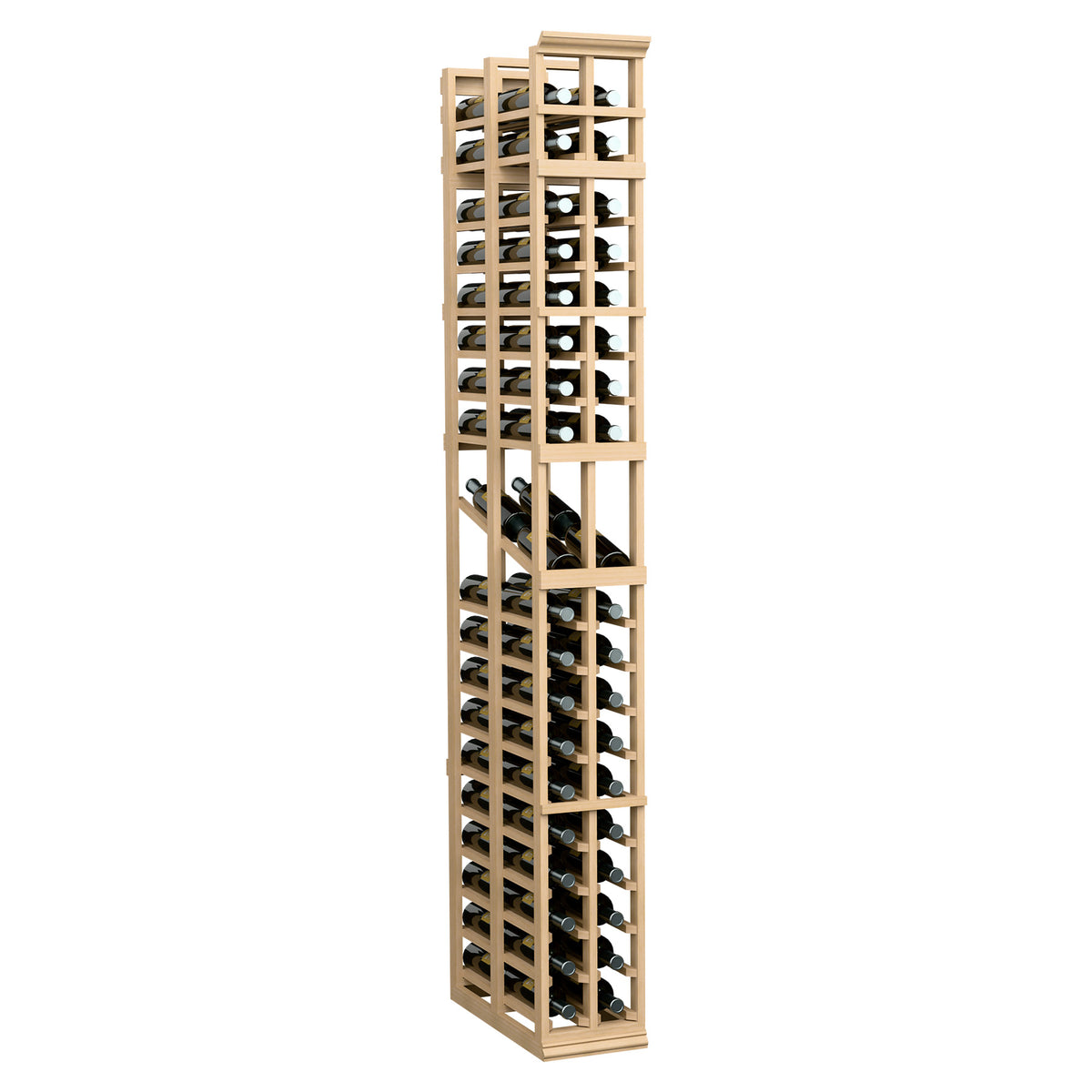 Tall 2-column wine bottle display rack in light tan wood with open grid shelves