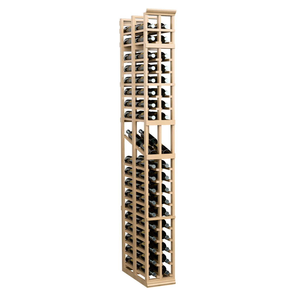 Tall 2-column wine bottle display rack in light tan wood with open grid shelves—angled
