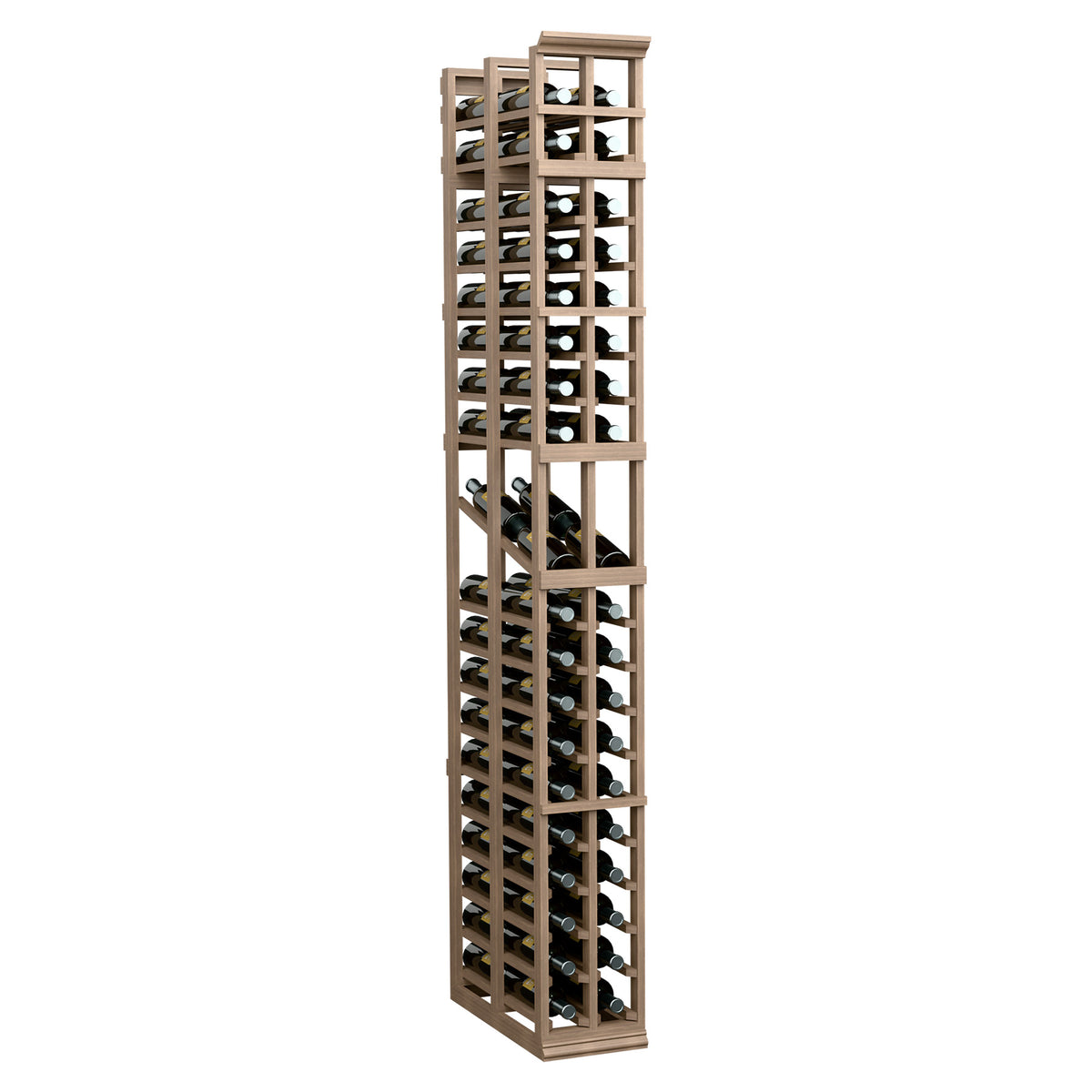 Tall 2-column wine bottle display rack in brown wood with open grid shelves