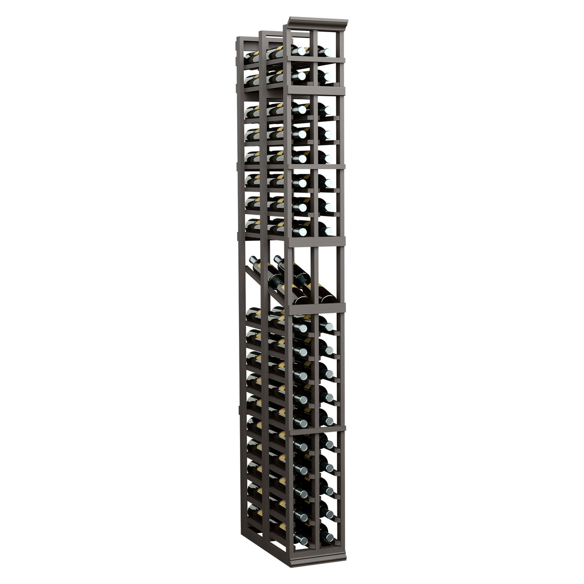Tall 2-column wine bottle display rack in dark grey with open grid shelves