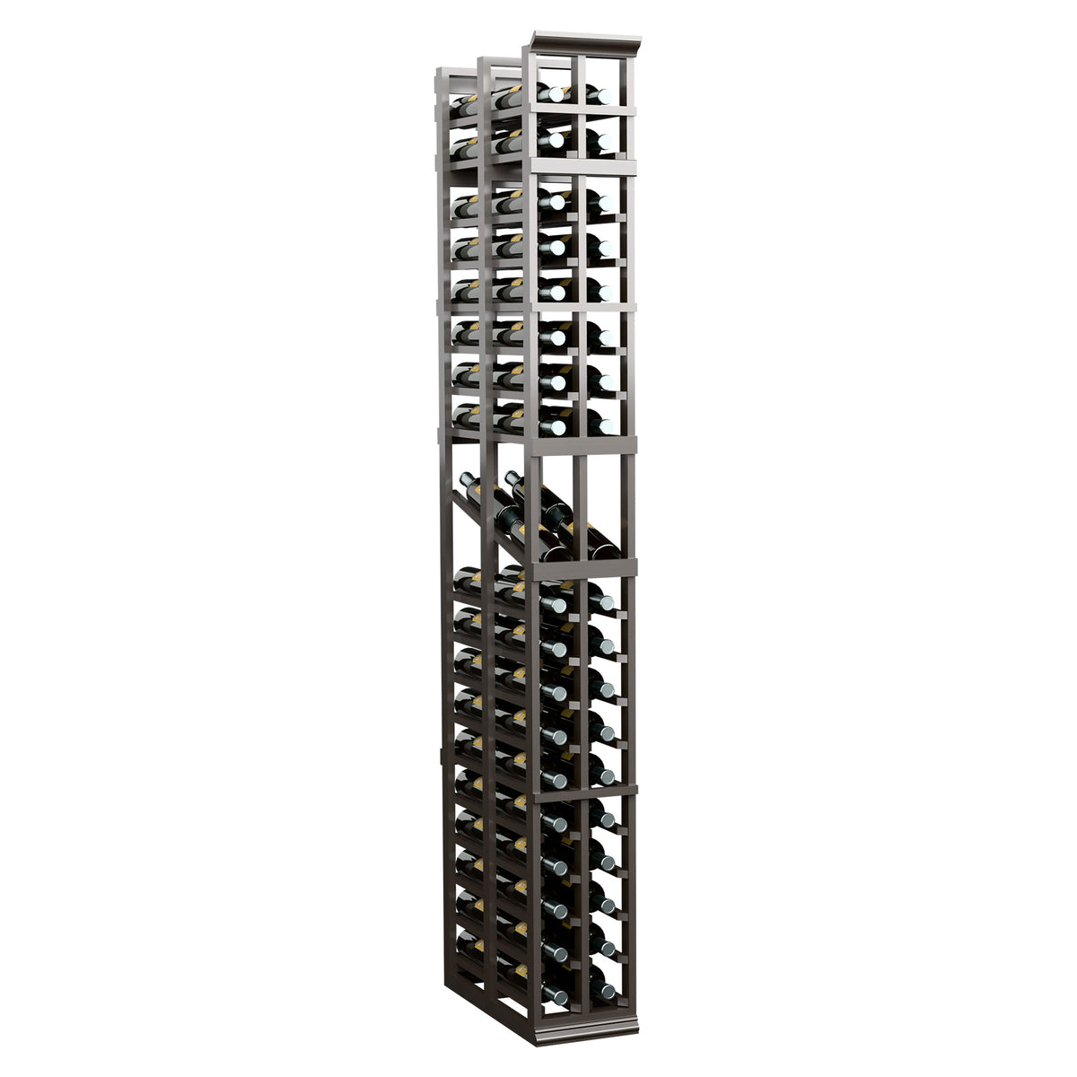 Tall 2-column wine bottle display rack in light grey wood with open grid shelves—front view