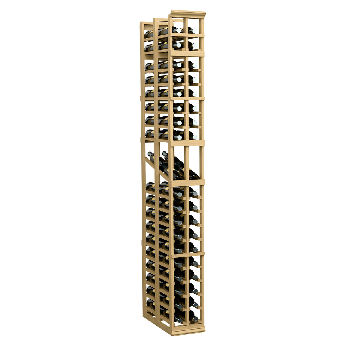 7-ft 2-column double-deep wine display rack, natural wood frame and black dividers