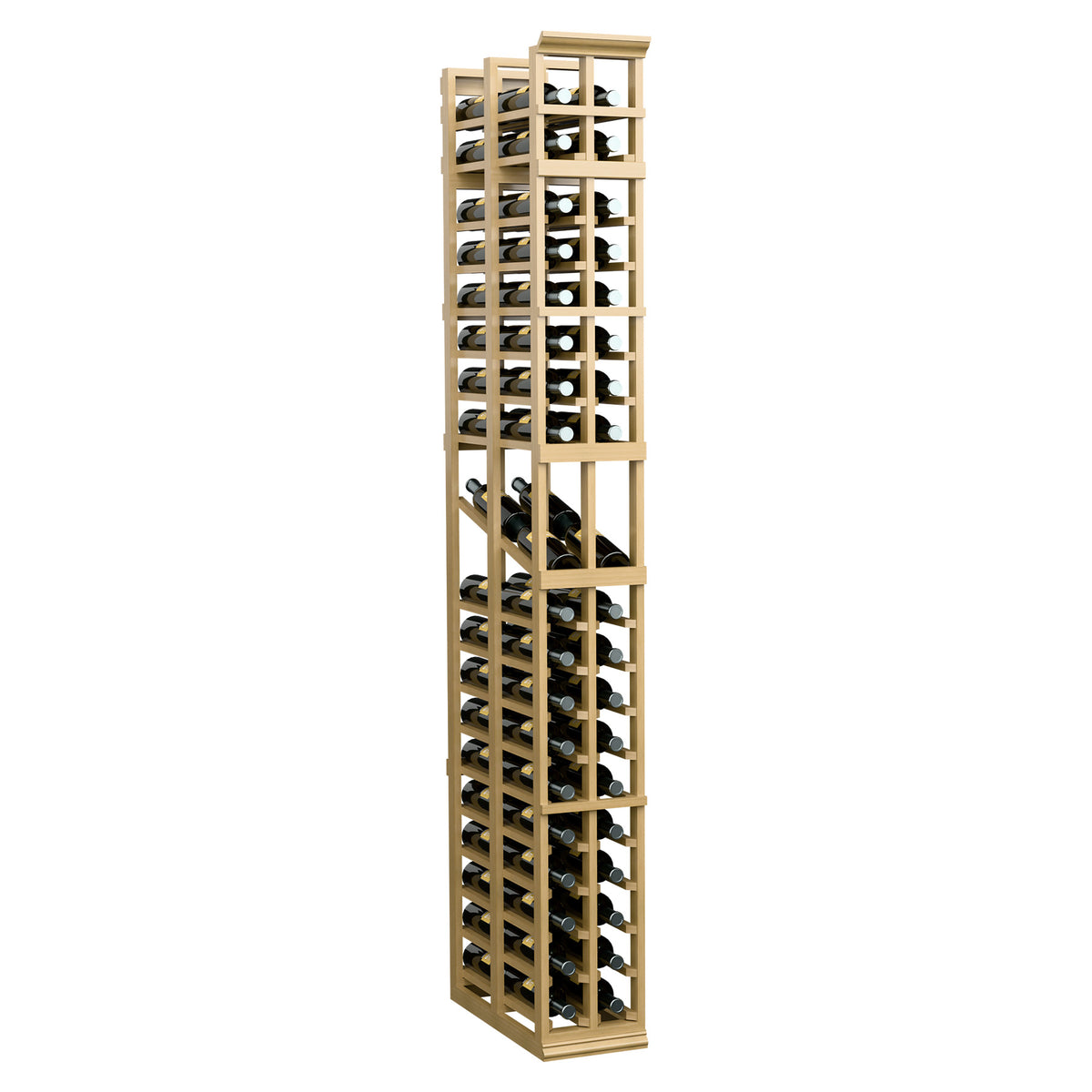 7-ft 2-column double-deep wine display rack, natural wood frame with black bottle slots