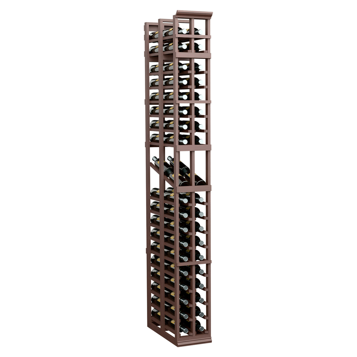 7-ft 2-column double-deep wine display rack, dark wood frame and black dividers