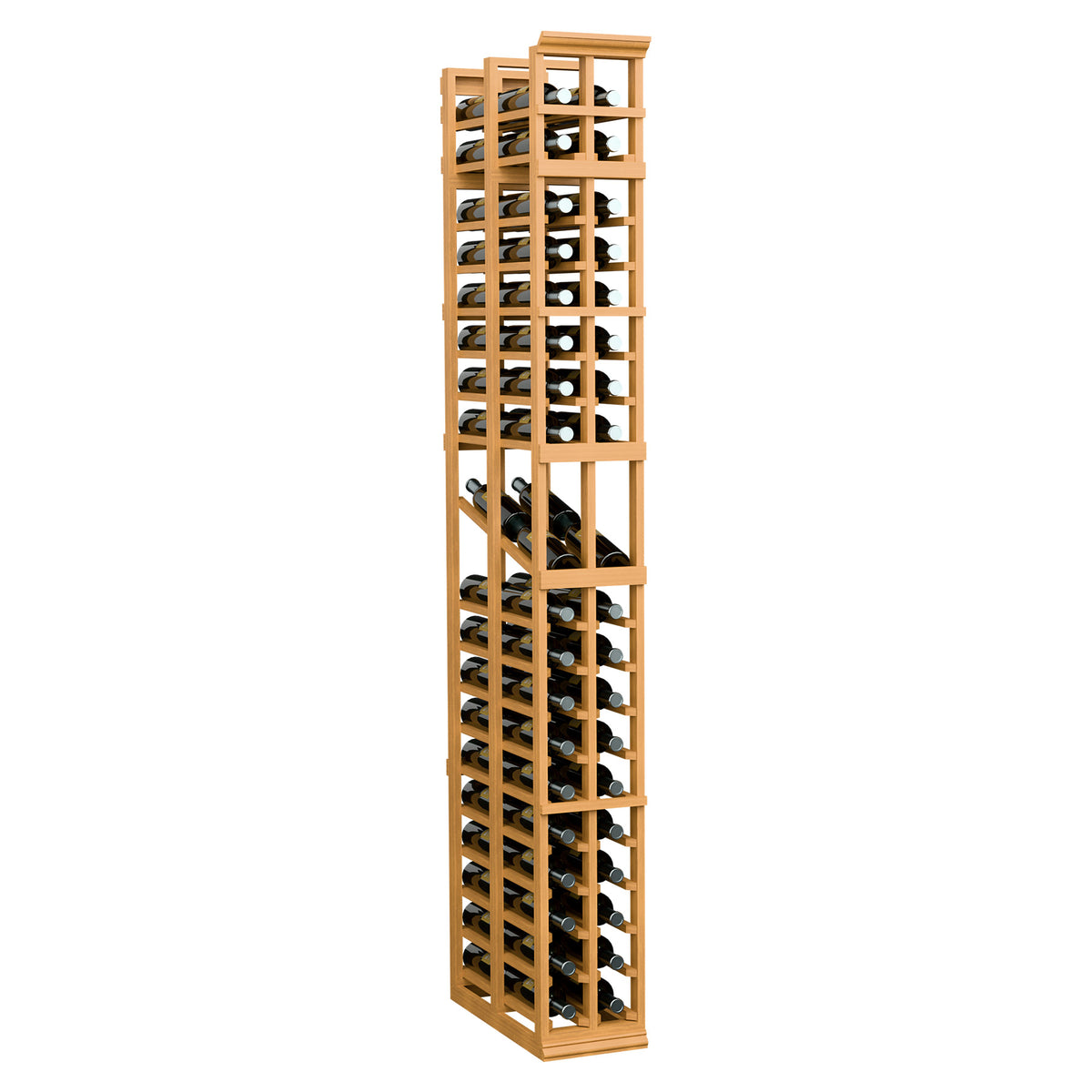 7-ft 2-column double-deep wine display rack, honey wood frame and black dividers