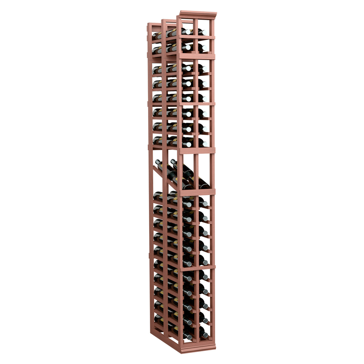 7-ft 2-column double-deep wine bottle display rack, warm red-brown frame with bottle slots