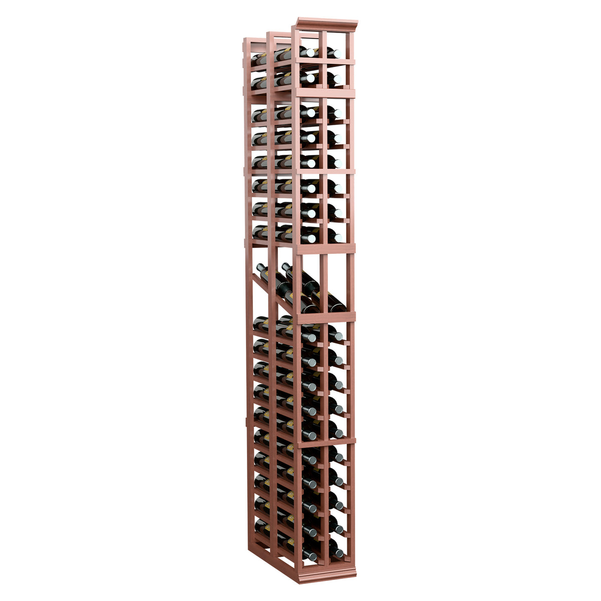 7-ft 2-column double-deep wine bottle display rack, reddish wood frame with open bottle slots