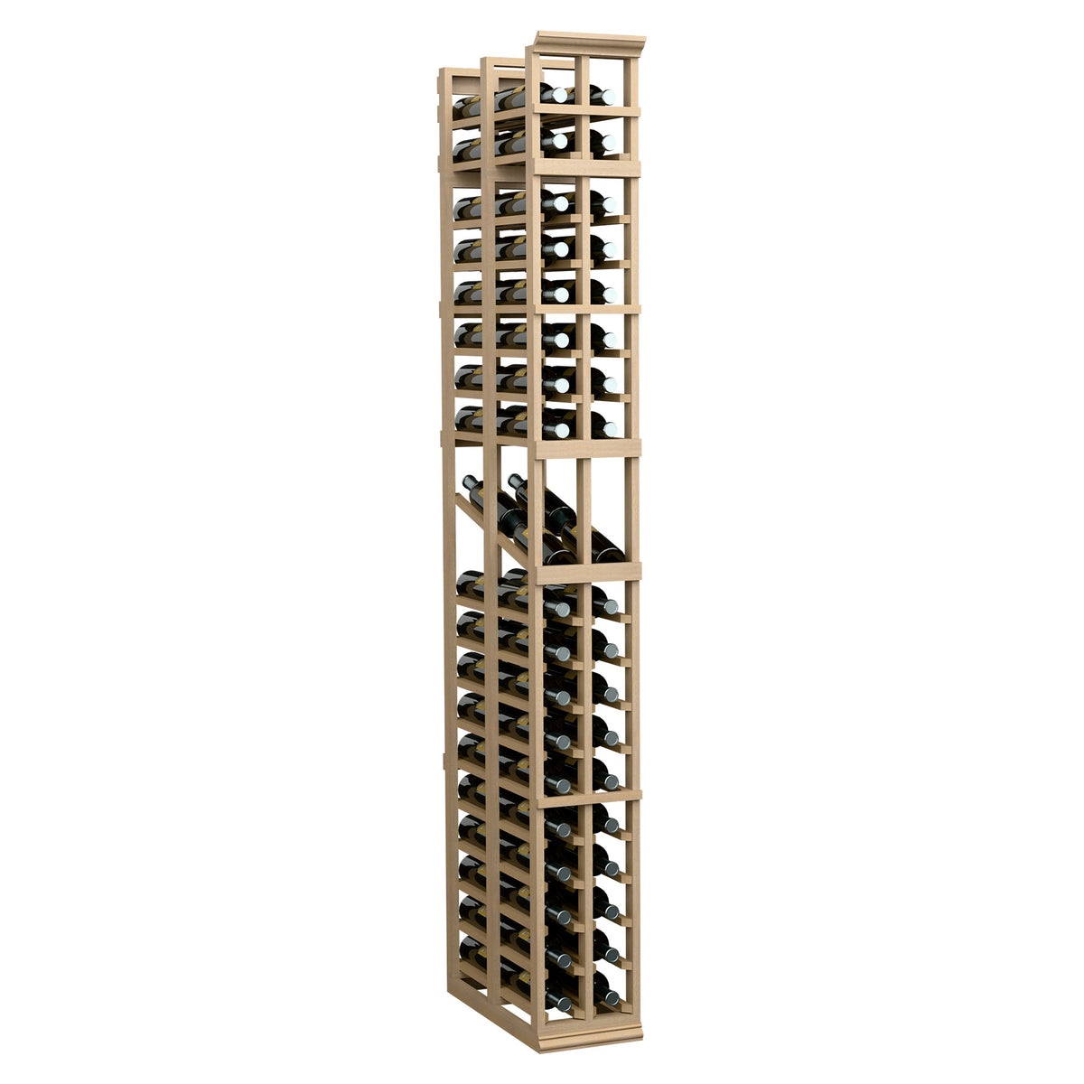 7-ft 2-column double-deep wine bottle display rack, light tan wood frame with bottle slots