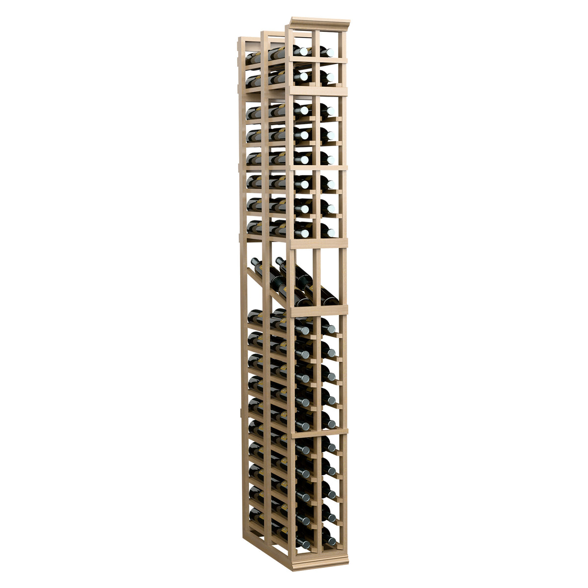 7-ft 2-column double-deep wine bottle display rack, pale wood frame with dark dividers